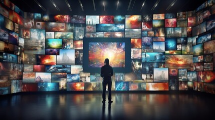 vibrant multimedia video and image wall display on tv screens - digital media entertainment concept - Powered by Adobe