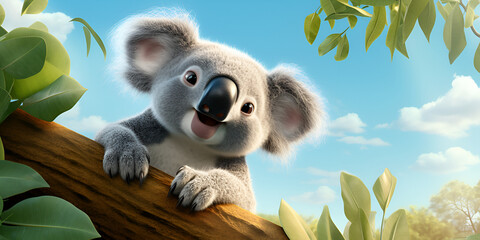 Joyful Moments: Exploring the Playful Nature of a Cartoon Koala, Its Eyes Wide Open in Happiness and Charm - obrazy, fototapety, plakaty