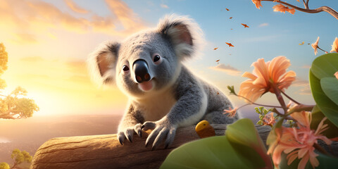 A Delightfully Animated Depiction of a Cute and Happy Koala with Wide-Open Eyes in a Whimsical Cartoon Style - obrazy, fototapety, plakaty