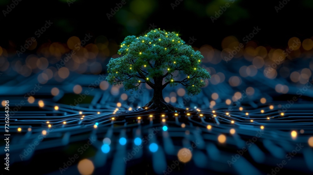 Leinwandbilder a tree grows on a circuit ball with digital and technological convergence. a blue light background a