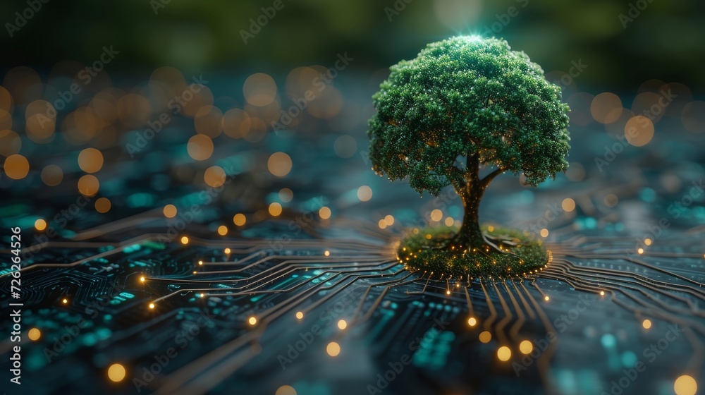 Poster circuit digital ball with a tree growing on it. convergence of digital technology and blue light. ba