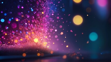 A colorful and bright image of a purple and pink explosion with yellow bokeh particles scattered throughout the scene. - obrazy, fototapety, plakaty