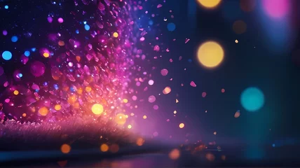 Foto op Plexiglas A colorful and bright image of a purple and pink explosion with yellow bokeh particles scattered throughout the scene. © D9