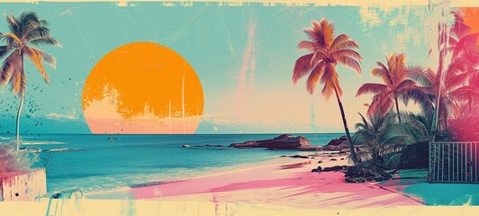 A vintage cut-and-paste beach scene, where a bold orange sun meets cyan skies and a teal ocean. 