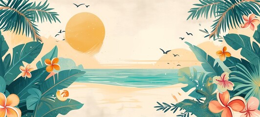 Fototapeta na wymiar A serene beach vista in a vintage sticker art style, with tropical foliage and frangipani flowers framing a tranquil sea and pastel sunset sky. Birds in flight add to the peaceful, nostalgic feel