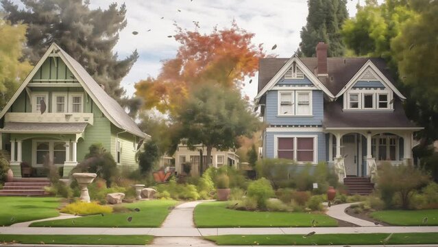 cute unique blue houses. house with plants around.  seamless looping overlay 4k virtual video animation background 