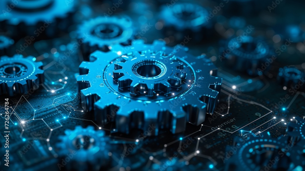 Poster Abstract ISO standards quality control concept, assurance warranty in dark background. Rotating cogs, gear wheels, and dots. Low polygonal blue mesh with lines, dots, and shapes.