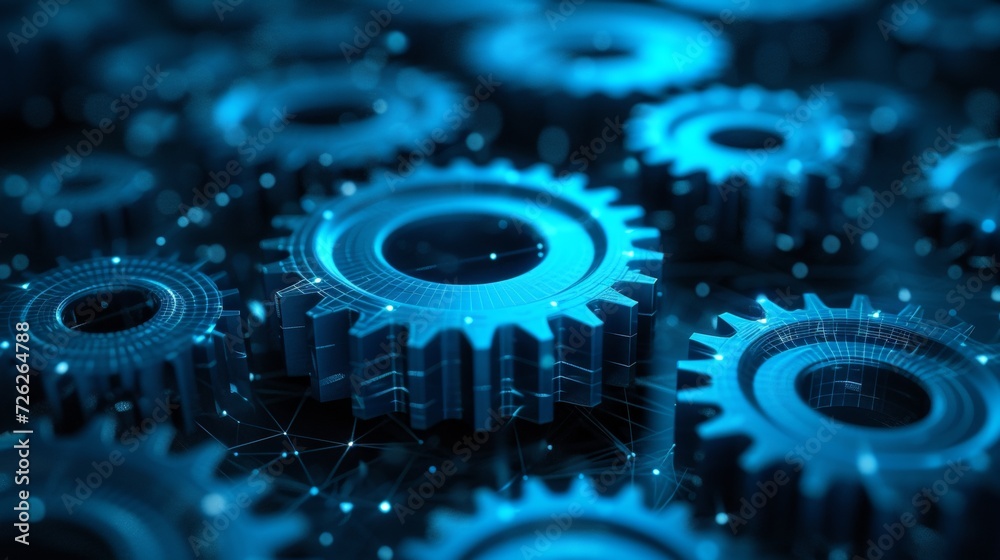 Aufkleber quality control iso standards on a dark ground. cogs and gear wheel mechanisms on a wireframe low po