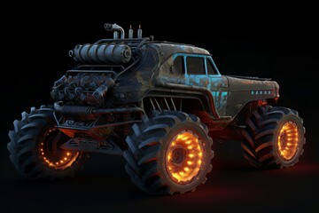 Massive offroad vehicle. Colorful and heavy automobile with monstruous view. Generate AI