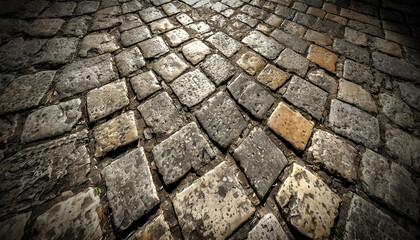 Closeup of a porphyry old roman stone pavement called Sanpietrini or Sampietrini. Typical Roman era road pavement made of small cube-shaped stone cobbles. Generative Ai. - obrazy, fototapety, plakaty