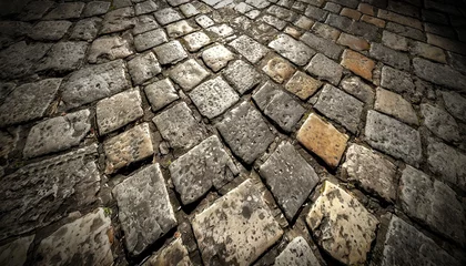 Poster Closeup of a porphyry old roman stone pavement called Sanpietrini or Sampietrini. Typical Roman era road pavement made of small cube-shaped stone cobbles. Generative Ai. © Alberto Masnovo