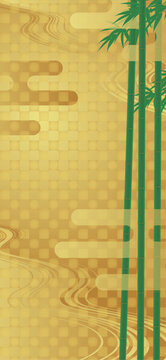 日本風の背景。青竹とエ霞の金色の背景のスマホ縦長ベクターイラスト