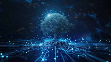 Tree and digital circuits globe, blue light network theme