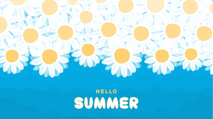 Fun summer billboard in groovy style. Cartoon daisies on a sky background. Vector artwork