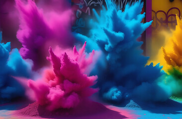 Holi color explosions, focusing on dynamic patterns and textures of powdered pigments on city walls background