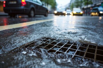 rainwater rushing into a storm drain on a city street