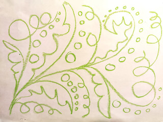 Abstract background, texture drawn in green chalk with flower pattern, plants with smooth lines, curves, leaves, circles. Copy space, card, wallpaper