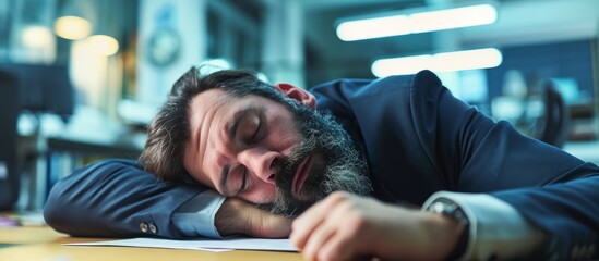 Fatigued adult male manager, with a beard, feeling overworked, dozing at work, in need of energy due to exhaustion.