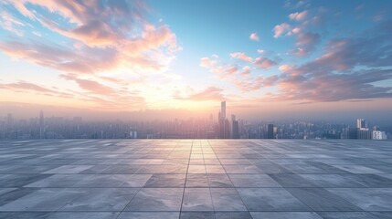 Panoramic view of empty concrete tiles floor with city skyline. Sunset scene. 3d rendering