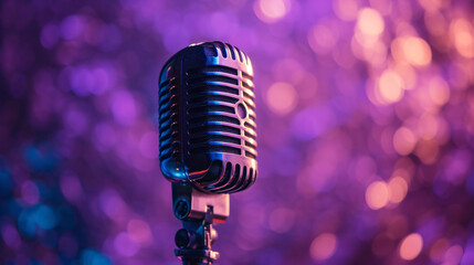 Retro microphone on purple disco background