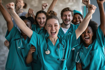 team of students wearing nurse uniform cheers for joy, medical education concept - Powered by Adobe