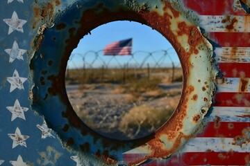 Hole in the Wall with American Flag and Barb Wire. Generative ai image.