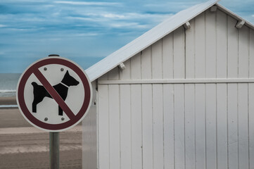 Panneau plage interdite aux chiens avec cabine de plage blanche - 726265945