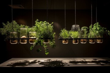 Indoor botanical display featuring suspended planters of aromatic herbs and spices. Generative AI