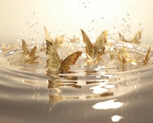 Golden butterflies on lake water. Fluttering winged insects on sunny aquatic surface. Generate ai - obrazy, fototapety, plakaty