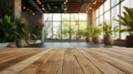 Wooden table with studio loft background. Product display mockup concept.