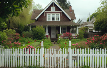 front of a house is surrounded by a white picket fence