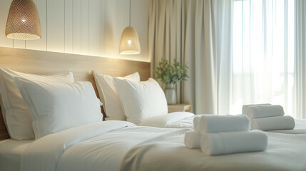 Close-Up of an Elegant Bed Setting in Hotel Room.
A detailed close-up of an elegant and serene hotel bed setting with ambient lighting.