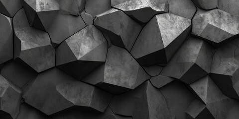 Abstract 3d texture, black concrete cement wall background, faceted texture, macro panorama, wide panoramic geometric wallpaper, Generative AI 