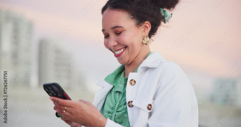 Sticker Woman, phone and laughing for communication on vacation, humor and funny conversation on holiday. Happy female person, comedy and scrolling on social media at beach, online and typing on mobile app