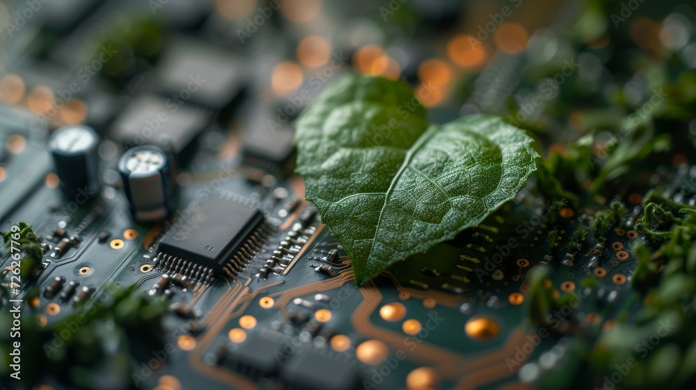 Leinwandbilder a green leaf with a heart shape on an it circuit board / green computing / ethics in it