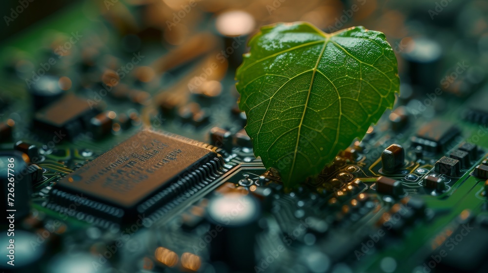 Leinwandbilder An image of a green leaf in the shape of a heart on a computer circuit board / green computing / csr / IT ethics