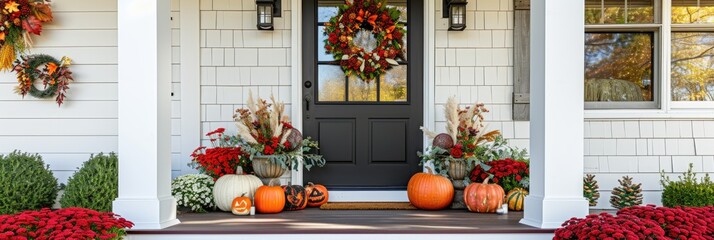 Fototapeta na wymiar A charming Thanksgiving themed front porch with pumpkins, wreaths, and seasonal flowers