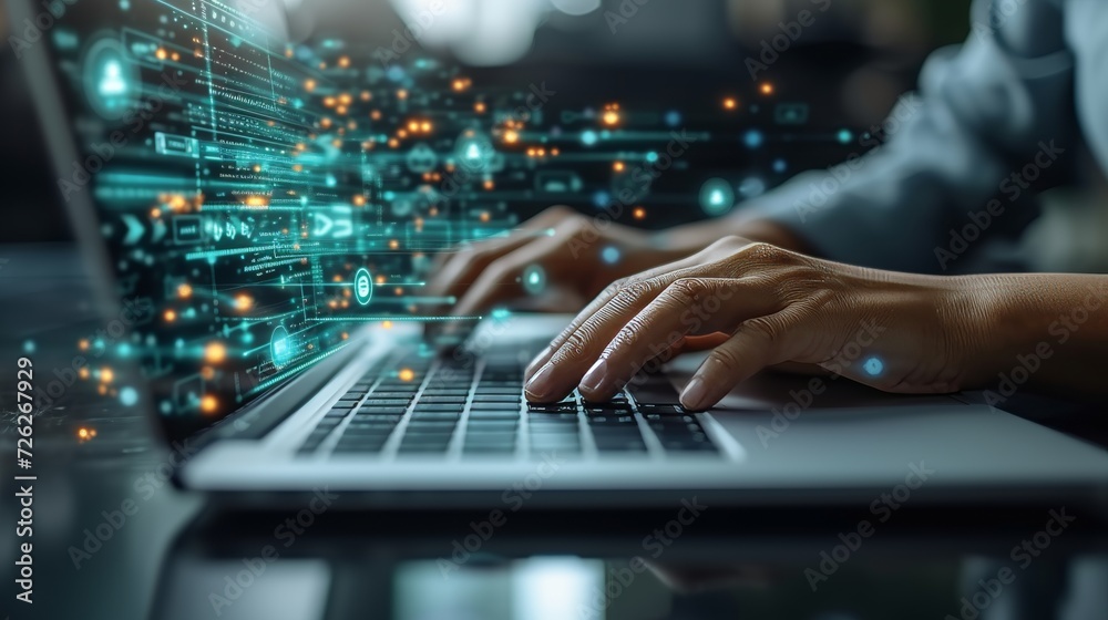 Poster Concept of ERP, document management. Businessman with laptop and virtual screen with icons and blurred background.