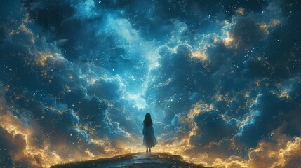 The girl is walking into a dream pathway, the future is filled with dreams, the sky and stars, a fantasy illustration logo design - obrazy, fototapety, plakaty