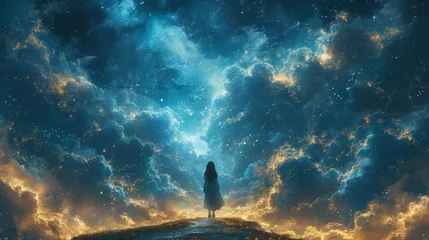 Foto op Plexiglas The girl is walking into a dream pathway, the future is filled with dreams, the sky and stars, a fantasy illustration logo design © Zaleman