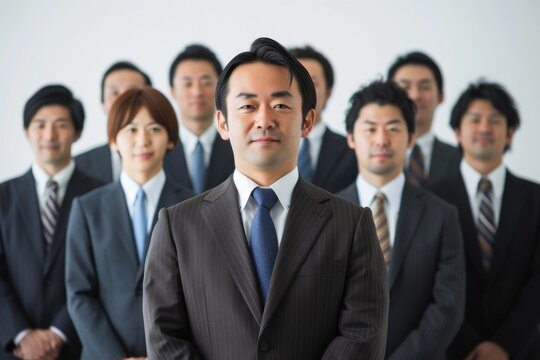 日本人の男性会社員のグループ・チームのイメージ（チームワーク・仲間・全社）