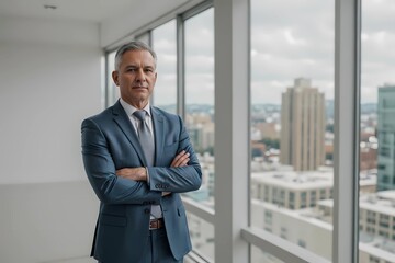 Fototapeta premium Mid-aged Businessman Leader Stands with Arms Crossed, Gazing Confidently at the Cityscape Through a Window