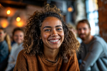 Curly Haired Woman with Friends. Generative AI