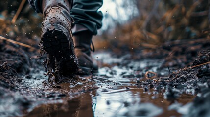 A solitary figure stands in the midst of nature's winter embrace, their boot submerged in a muddy puddle as they brave the great outdoors - obrazy, fototapety, plakaty
