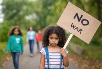 Young kid girl holding a sign with written word "stop war" or "violence"