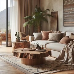 Coffee table with live edge next to corner sofa Modern living room interior design of a bohemian ethnic residence.