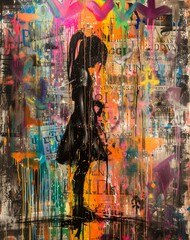 A vibrant depiction of a modern girl, captured in a colorful mix of acrylic paints and abstract strokes, showcasing the dynamic beauty of street art