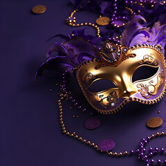 venetian carnival mask , Mardi Gras , beads on purple background