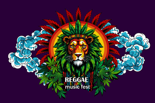 Hand Drawn vector banner depicting a lion with dreadlocks, with marijuana leaves, as a symbol of the Rastafarian subculture in colors of Jamaica. Poster for music reggae festival