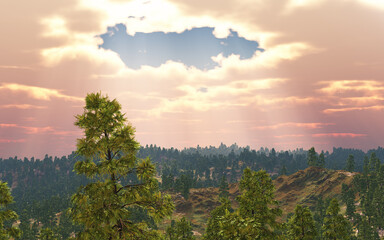 Wolkenlücke mit Sonnenstrahlen über einer Waldlandschaft - 726269769
